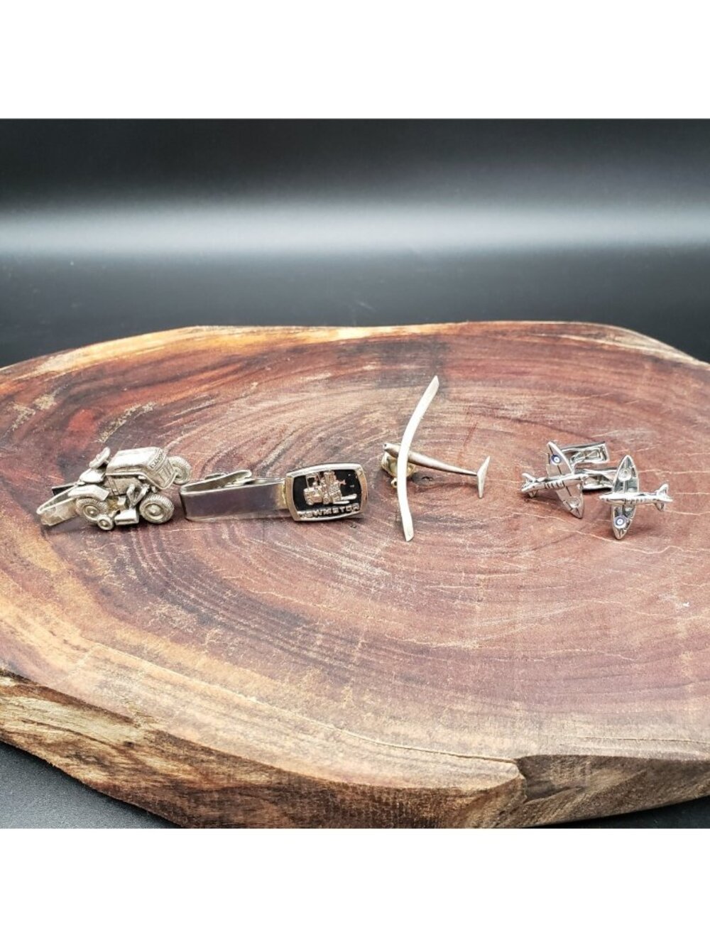 Lot 4 Vintage Novelty Tie Bars Cufflinks Plane Forklift Mower Glider As Is